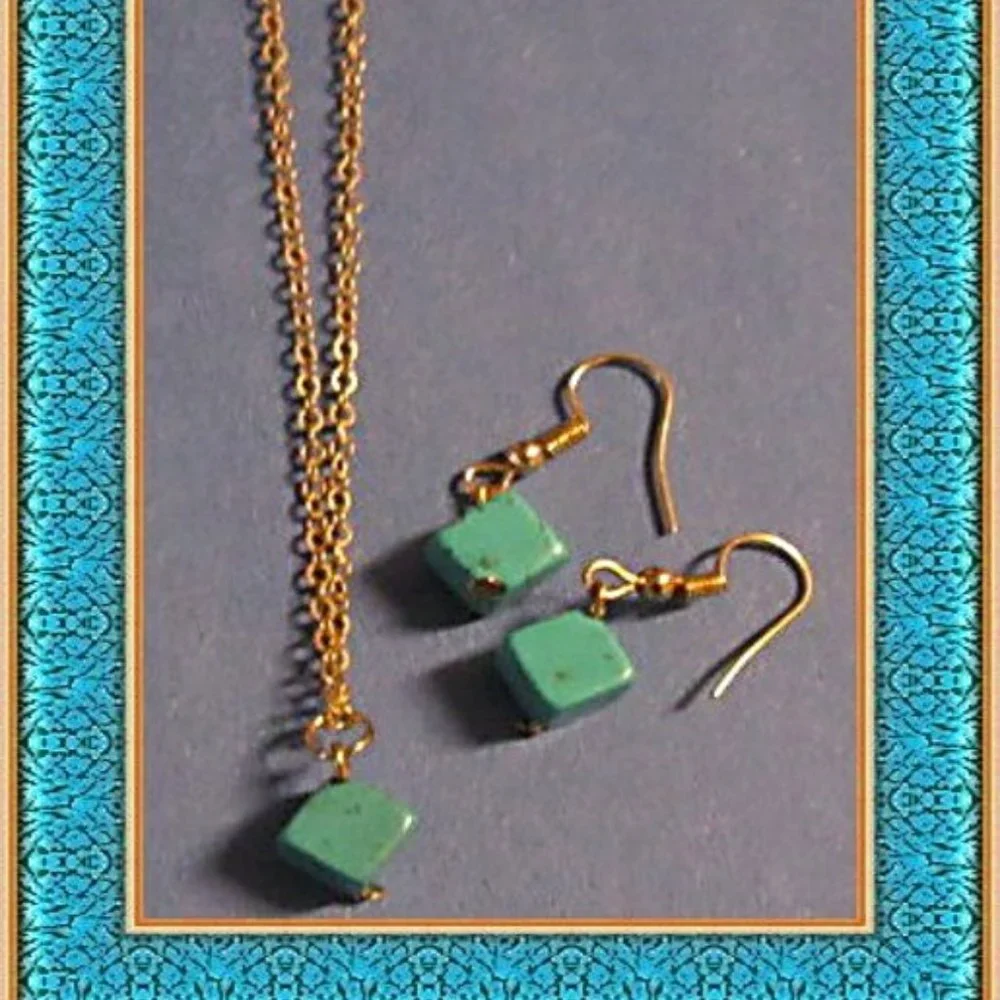Gold Tone & Turquoise Dangle Earrings & Necklace Jewelry Set Native Ethnic